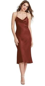 NWT Dessy Bridesmaid Lovely Luxe Charmeuse Piper Slip Midi Dress Amber Red