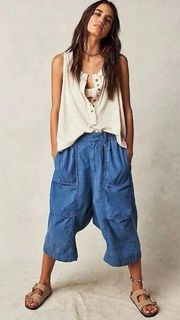 NEW FREE PEOPLE Marbella Crop Oversized Slouchy Harem Blue Pants