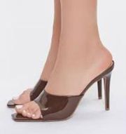 Wild Diva Lounge Faux Brown Patent Leather Square Toe Heeled Slides