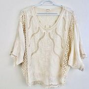 ULTRA PINK Cream 100% Cotton Crochet Trim Bell Sleeve Boho Blouse ~ Size Large