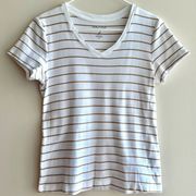 White and Tan Striped Shirt, Basic V-Neck T-Shirt, Size Medium
