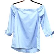 NEW NEIMAN MARCUS OFF SHOULDER BUTTON DOWN BACK BLUE COTTON POPLIN BLOUSE TOP M