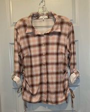 No comment Pink/Brown Plaid 3/4 Roll Tab Sleeve Button Up 1X