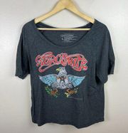 Aerosmith Cropped Graphic T-shirt Womens Size Large Gray Off the Shoulder Band
