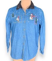 Vintage Basic Editions Shirt Chambray Holiday Button Front Black Velvet Snowman