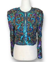 Vintage Scala Jacket Collarless Cropped Blazer Multicolor Metallic Sequins Silk