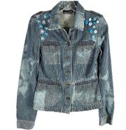 DKNY Small Jean Jacket Reworked Denim Hand Embroidered Bleached Distressed 509