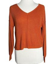 HIPPIE Rose Double V Ribbed Knit Button Back Cropped Sweater Pumpkin Spice XS