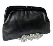 VTG Black Italian LEATHER CLUTCH Acrylic & Metal Fram Handbag Purse Made Italy