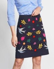 Boden Fenella Rainbow Floral Bird Embroidered Skirt - Size 8