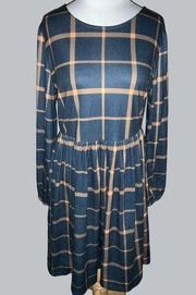 Suzanne Betro Women's Large Fit & Flare Dress Navy Gold Plaid Scoop Back NEW