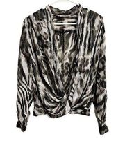 Jennifer Lopez Black White Animal Print Long Sleeve Wrap Blouse Size XL