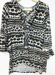 French Laundry Womens Patterned Shirt Tan Black Ruffle Front 3X