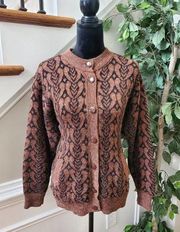 Vintage New Wang Kong & Co. Brown Acrylic Long Sleeve Knit Cardigan Sweater L