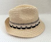 Beige Cream Raffia Fedora Black Tassel Woven Embellishment Brim One Size