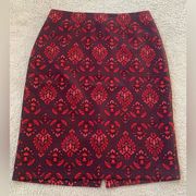 Ann Taylor Red Purple Patterned Funky Pencil Pleated Slit Skirt Size 6