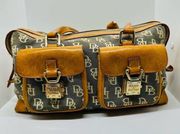 Vintage Dooney & Bourke Tan Denim Monogrammed Lock & Key Pockets Shoulder Bag