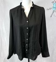 Nanette Lepore long sleeve black ruffle neck pleated button down top size small