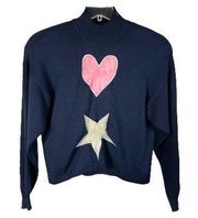 VTG St. John Large Sweater Navy Blue Heart Moon Star Leather Appliqué Zip 976