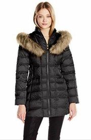 BETSEY JOHNSON Black Puffer Hooded Coat with Faux Fur in Small