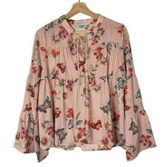 Karlie Pink & White Stripe Floral Bell Sleeve Long Sleeve Top S