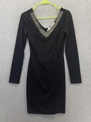 Tea n Rose Women's Dress Fitted Long Sleeve Beaded V Neck Black Size Small