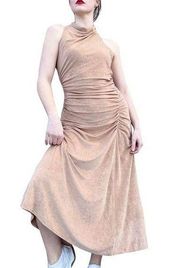 A.L.C Tan Minimalist Old Money Luxury High Cowl Neck Draped Ruched Maxi Dress XL