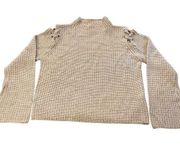 John + Jenn High Neck Long Sleeve Lace-Up Knit Pullover Sweater Tan Medium