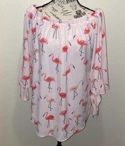 Tickled Teal Women's off the shoulders pink flamingos top women's medium