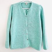 LL BEAN Turqouise Blue Thick Knit Luxury Button Down Cardigan Sweater ~ Sz Large