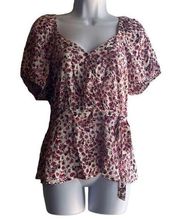 Mason & Belle Womens Medium Faux Wrap Top Cream Pink Floral Short Sleeve NWT