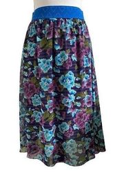 LuLaRoe Lola Midi Skirt Blue & Purple Multi Floral Print Women’s US Size Small