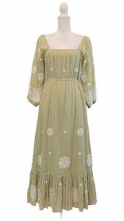 Soft Sorroundings Green Embroidered Cottagecore Praire Square Neckline Dress