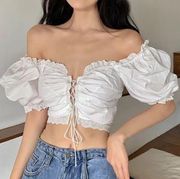 White Princess Puff Sleeve Lace Up Summer Cropped Top