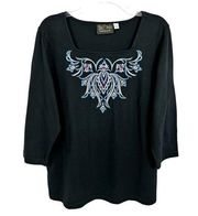 Wearable Art Black Blue Embroidered 3/4 Sleeve Square Neck Top Large