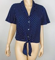 Monteau Polka Dot Short Sleeve Button Down Tie Hem Women's Size Medium M Top