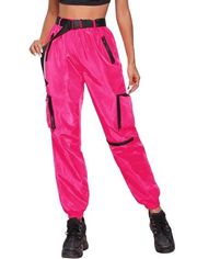 Womens Neon Zipper Pocket Pull On Buckle Belt Windbreaker Jogger Pants Size M