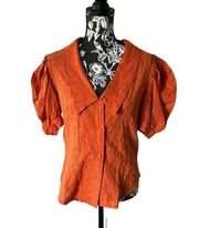 Solitaire Womens top floral embroidered dark orange puffy sleeves large NWT