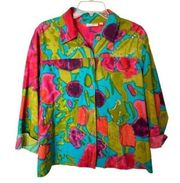 Choices Jacket Collared Olive Green Fuchsia Multi Sequin Print Buttons Pockets