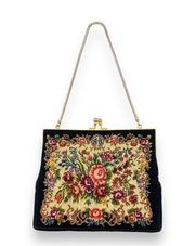 Vintage black floral needlepoint tapestry frame kiss clasp chain handbag clutch