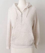 Cream Hooded Quarter Zip Fuzzy Sherpa Sweater Hoodie Medium
