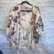 Umgee Shirt Womens Small White Floral Fringe Hem Kimono Layer Boho Cardigan