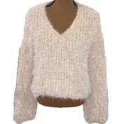 She + Sky copper shimmer white fuzzy chunky knit v-neck boxy sweater size M