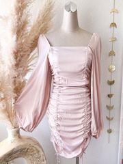 MABLE Blush Pink Romantic Long Bishop Sleeve Ruched Mini Dress