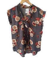 Midnight Sky Boho Southwestern Sheer Floral Flowy Tie Neckline Celine Blouse XL