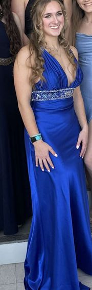 Caché Blue Beaded Prom Dress Open Backed