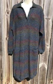 Missoni Vintage 46 10 Wool Mohair Striped Dress Long Sleeve Henley Blue Green