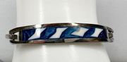 Vintage Alpaca Mexico Silver Tone Blue White Inlay Hinge Bangle Bracelet