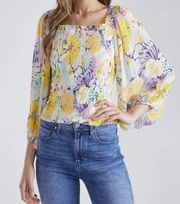 Shoshanna NWT CeCe Smocked Sheer Sleeve Yellow Floral Print Blouse Size XL