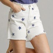 NWT Umgee White Star Print High Waisted Denim Shorts With Raw Hem size 7